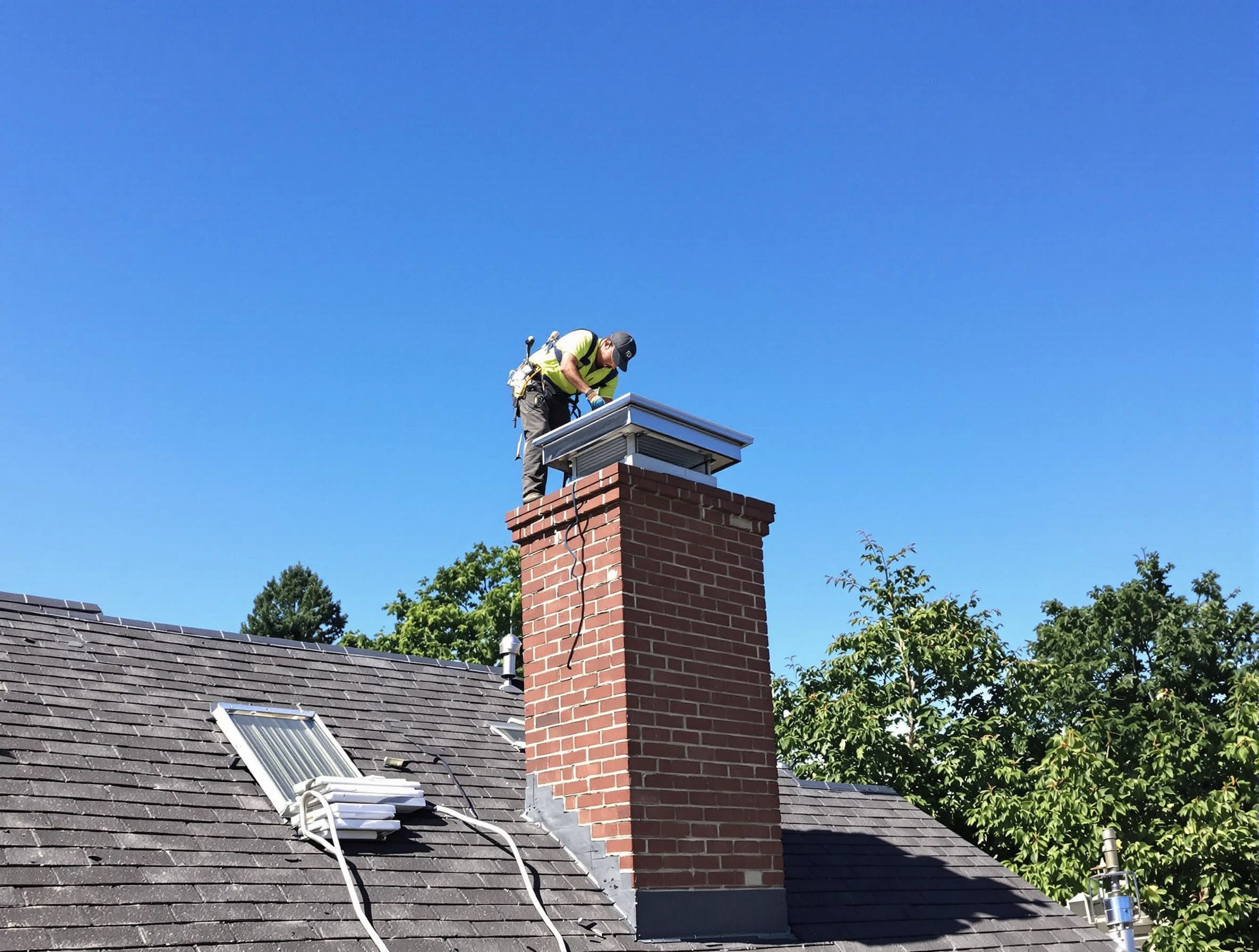 Peachtree Corners Chimney Sweep technician measuring a chimney cap in Peachtree Corners, GA